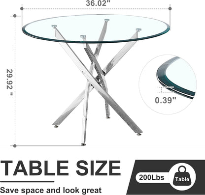 36 inch Round Glass Dining Table for 4 People,Modern Dining Room Table with Silver Stainless Steel Base,Dining Room/Apartment/Bistro Setting