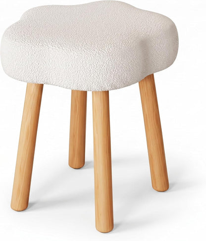 Cmishe Cloud Vanity Stool with Solid Beech Wood Legs, Boucle Makeup Chair for Bedroom, Flower Shaped Upholstered Ottoman, Cute Dressing Stool for Girls & Dorm, Cream White
