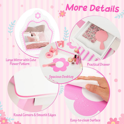 Costzon Kids Vanity, Girls Vanity Set with Mirror and Stool, Storage Drawer, Wooden Princess Makeup Dressing Table, Kids Vanity Table and Chair Set