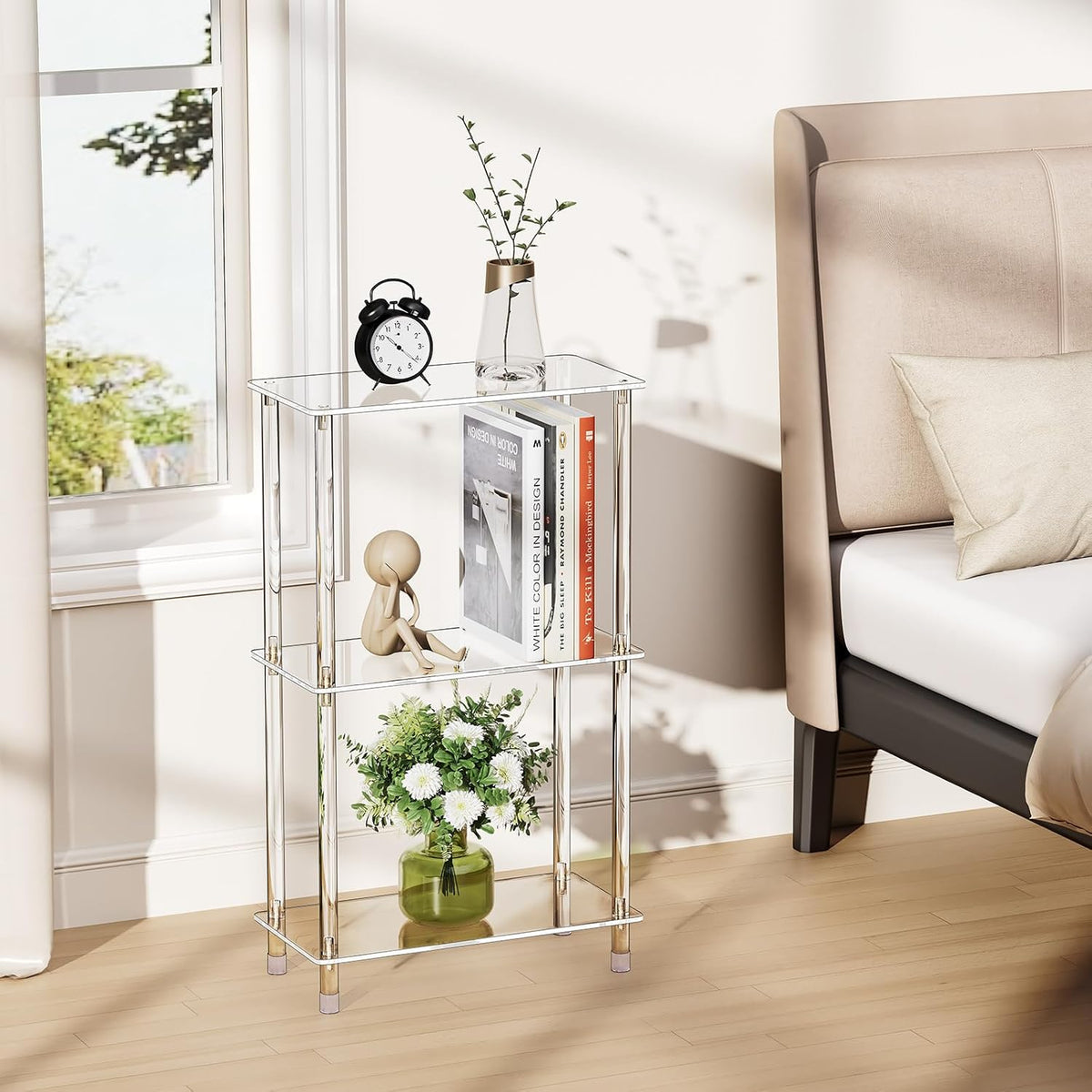 Clear Acrylic Narrow Side Table for Small Spaces, 15.75" L x 7.87" W x 26.7" H, 3 Tier Rectangle Slim End Table Nightstand, Small Mini Skinny Bedside Table for Bedroom, Bathroom, Living Room