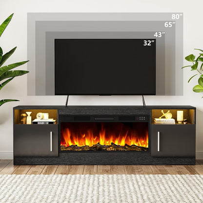 Tavata Fireplace TV Stand 70" Entertainment Center with 36" Fireplace, Wooden TV Stand for TVs Up to 80", Media TV Console with High Gloss Storage Cabinet and 20 Colors LED Lights (Black)