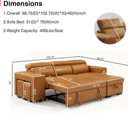 THSUPER 102'' Leather L Shaped Sectional Sleeper Sofa with Pull Out Bed, Sleeper Sectional Couch with Reversible Storage Chaise and Adjustable Headrest, Moder Leather Couches for Living Room. Brown | Breathable material