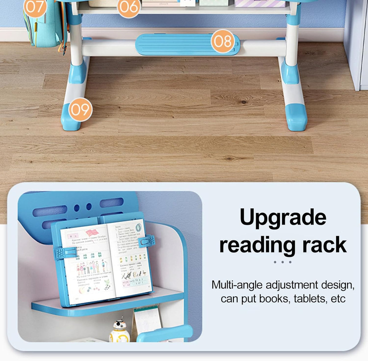 Upgraded Kid's Desk and Chair Set, Adjustable Children's Study Table with Bookshelf and Storage Drawer, 50-Degree Tiltable Desktop with Chair for Bedroom (Blue1 111cm)