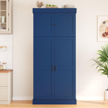 Merax 77''Tall Freestanding Kitchen Pantry,Farmhouse Tall Storage Cabinet with 2 Standard Plugs and 2 USB Ports,Wood Food Pantry with Adjustable Shelves,Door Shelves, Drawers and Wine Racks,Blue