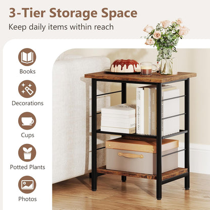 Giantex 3-Tier Side Table with Adjustable Mesh Shelf, Industrial Nightstand, Small End Table Stand for Living Room, Bedroom, Office, 12" D x 15" W x 20" H