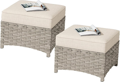 HOOOWOOO 2 Piece Patio Ottoman Set,Outdoor Wicker Ottomans,All Weather Resistant Rattan Deck Ottoman Matching Furniture(Beige Tan)