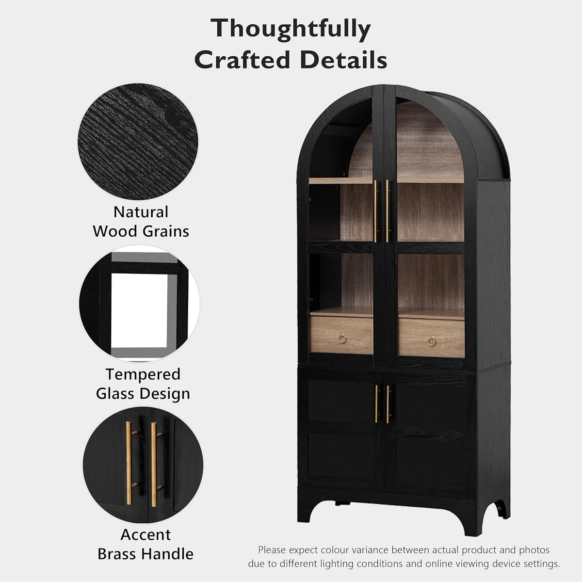 Kitchen 71" Arched Pantry Hidden Storage，Black-V | Adjustable Shelves Soft-Close Doors Anti-Tip Safety 4-Door Racks Durable MDF Multi-Room Use