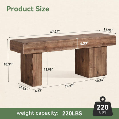 Solid Wood Bench, 47” Farmhouse Entryway Bench with Thickened Seat & Artistic Legs, Heavy Duty Indoor Bench for Bedroom, Hallway, Living Room, Indoor, Porch, Natural