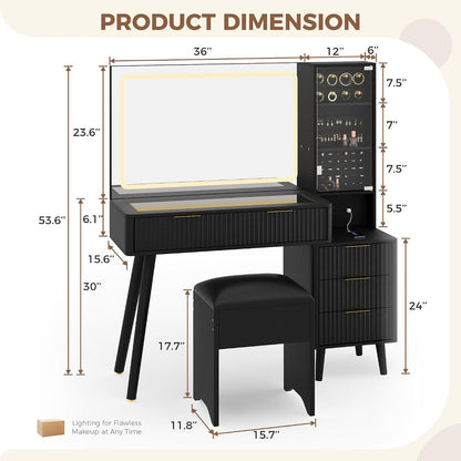 Garvee Vanity Desk with Lighted Mirror, Makeup Vanity with Charging Station, Glass Top Dressing Table with Cushioned Storage Stool for Bedroom, Black