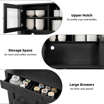 GarveeHome Kitchen Pantry Cabinet with Microwave Stand, Freestanding Hutch Cabinet with Buffet Cupboard, Tall Kitchen Cabinets with Adjustable Shelves for Dining Room, Black