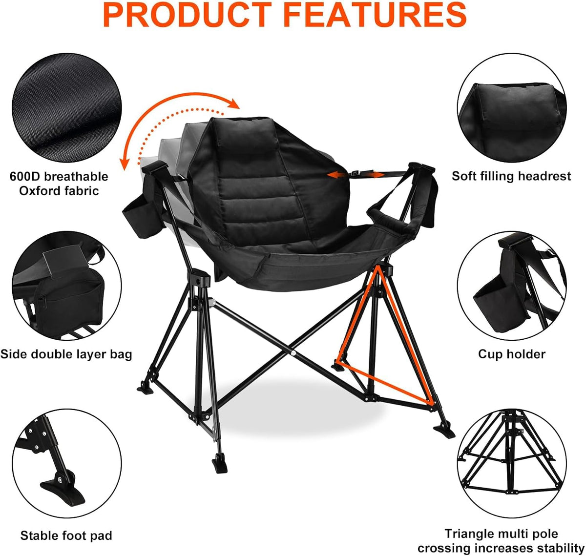 Hammock Camping Chair Folding 350lbs Foldable Portable Rocking Chairs for Adults Outside Swinging Camp with Stand Lawn Garden Hanging Outdoor