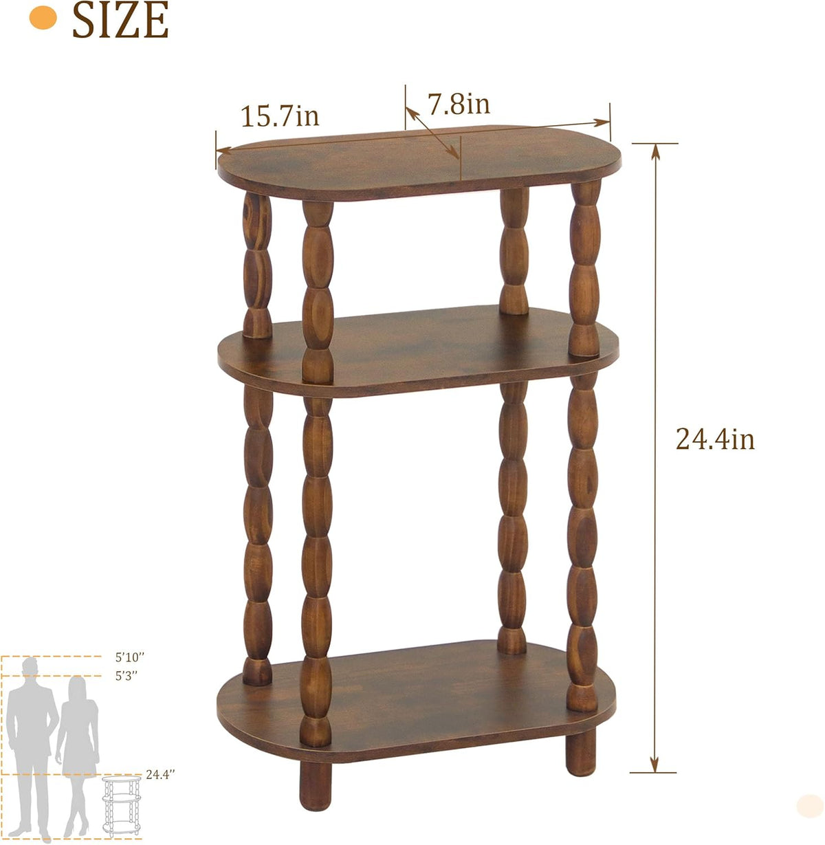 MaxSmeo Small Narrow Side Table, 3-Tier Narrow End Table with Storage, Skinny Side Table Nightstand for Small Space, Bedrooms, Living Room (Rustic Brown)