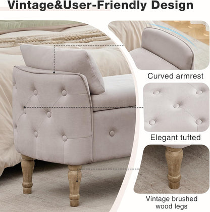 67'' King Size Storage Bench for Bedroom End of Bed,Linen Bedroom Bench for Foot of Bed King,Storage Bench with Arched Arms and 2 Cushion for Living Room Entryway Window,Khaki