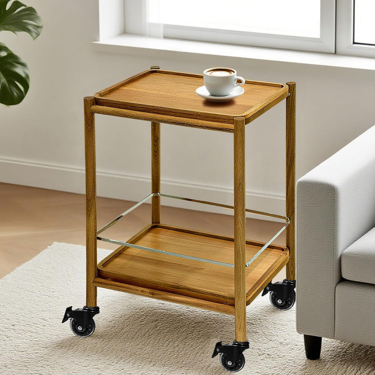 Acacia Wood Rolling Side Table, 2-Tier with Lockable Wheels & Removable Tray, Sturdy Durable for Bar Cart, Nightstand, End Table, Sofa Table