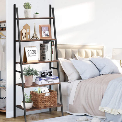 Tangkula Ladder Shelf (Set of 2), 5 Tier Industrial Bookcase, Multifunctional Display Bookshelf, Wooden Look Plant Flower Stand with Metal Frame, Decor Furniture for Home Office