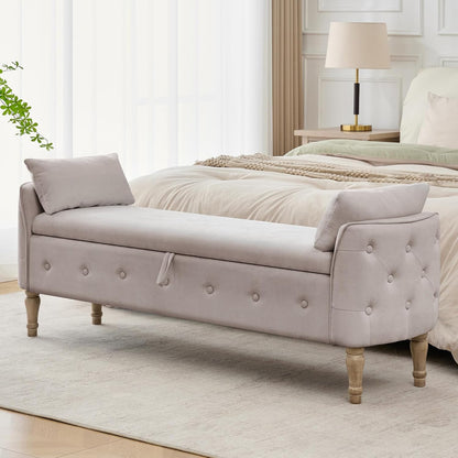 67'' King Size Storage Bench for Bedroom End of Bed,Linen Bedroom Bench for Foot of Bed King,Storage Bench with Arched Arms and 2 Cushion for Living Room Entryway Window,Khaki