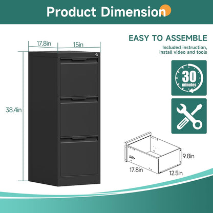 3 Drawer Metal Vertical File Cabinet with Lock for Home Office | 17.8"D x 15"W x 38.4"H,Small Under Desk Cabinet,Adjustable Hanging Bar,Fits 4A/Legal/Letter Size File,Easy Assembly,Black