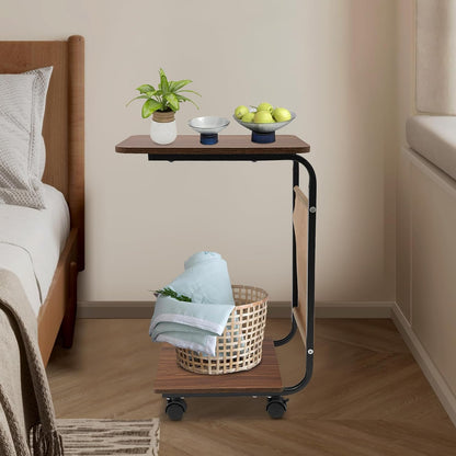 Rolling Side Table, C Shaped Side Table Wooden Couch Side Table with Wheels&Mobile Storage Basket Modern Couch Tables That Slide Under for Living Room Bedroom (Black Stand + Brown Desktop)