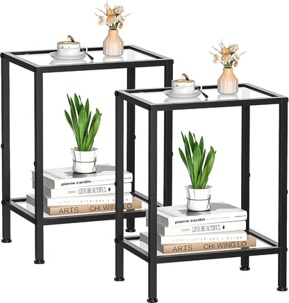 Side Tables Set of 2,Tempered Glass End Tables, 2-Tier Nightstands with Open Shelves, Small Coffee Table with Modern Style, Accent Table Small Table Sofa Table for Living Room, Bedroom, Black