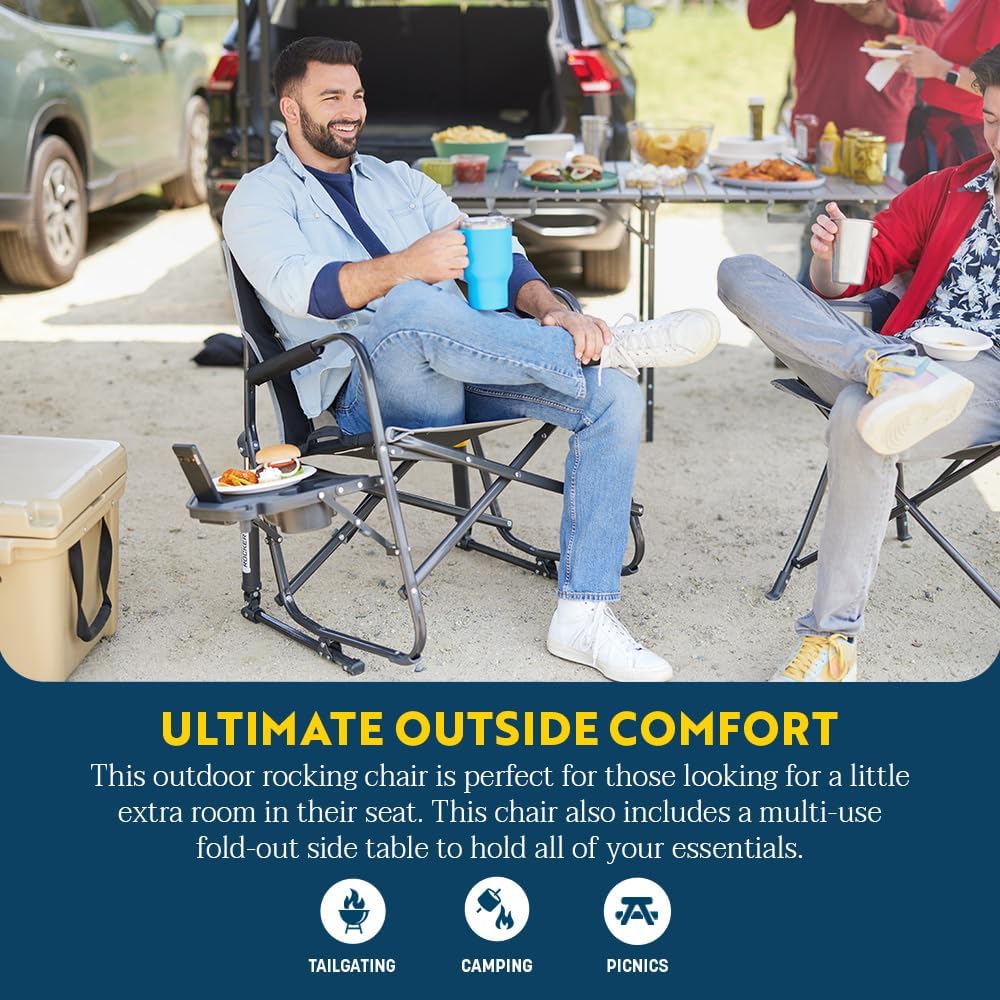 GCI Outdoor Freestyle Rocker XL with Side Table Camping Chair | Portable Folding Rocking Chair with Solid, Durable Armrests, Drink Holder & Comfortable Backrest — Black