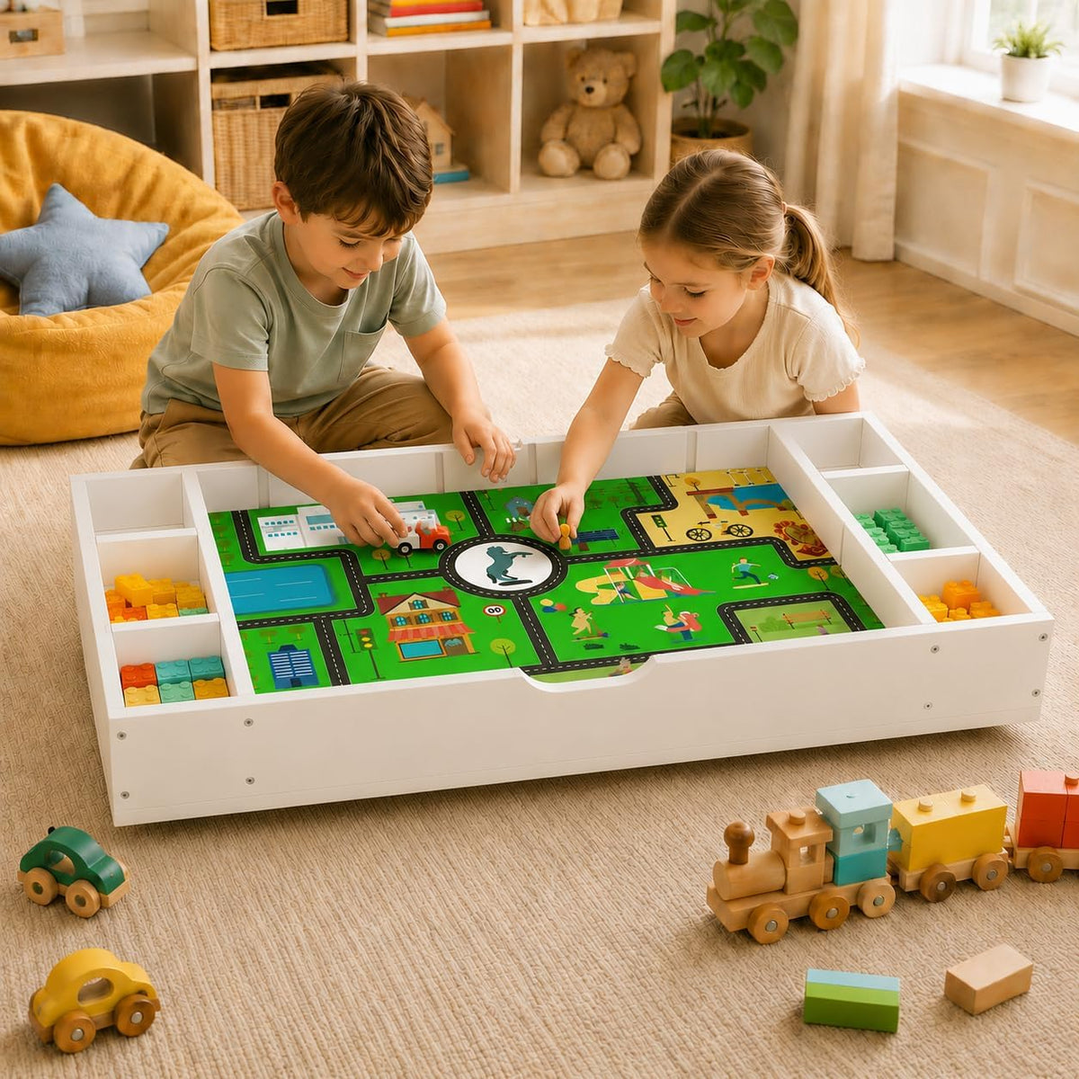 Kids Activity Table, 3-in-1 Block Table with Whiteboard and Storage | 3-in-1 Block, Whiteboard And Road Map Table With 11 Storage Dividers, Removable Wheels And 5.7-Inch Low Profile