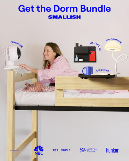 Smallish FanShelfie Adjustable Fan Holder for Dorm Room - White | Bunk & Lofted Bed, College Essentials Boys & Girls, Patented Height & Distance Design, Compatible with Popular Dorm Fans