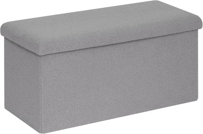 PINPLUS Folding Storage Ottoman Bench, Sherpa Ottoman with Storage, Large Long Shoes Bench Chest with Lid, Footrest for Living Room, Entryway, Grey 30'' x 15'' x 15''