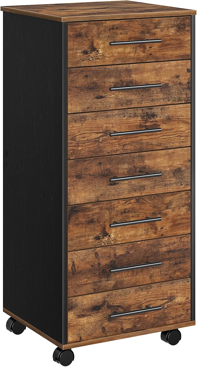 HOOBRO 7-Drawer File Cabinet, Wooden Office Cabinet with Drawers, Mobile Storage Filing Drawer for Home Office, Study, Easy Assembly, Rustic Brown and Black BF07WJ01