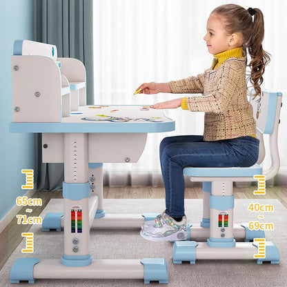 Kids Desk and Chair Set,Height Adjustable Children Study Desk Chair Set,School Student Writing Desk Table with Drawer Bookstand,Ergonomic Student Learning Table Desk Chair for Girl Boy, Blue C