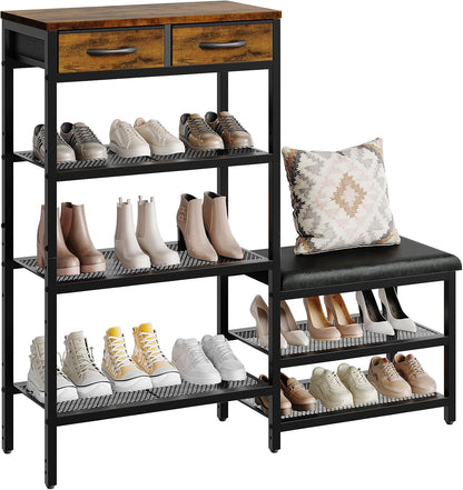 HavenlyYouth Shoe Rack Bench Cushioned with 2 Drawers & 5-Tier Entryway Organizer, Metal Frame Wood Top, Narrow Hallway Bench for Boots, Holds 16-20 Pairs, Space-Saving for Closet & Front Door