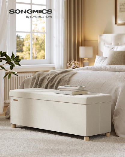 SONGMICS Storage Ottoman Bench with Legs, 43.3 Inches, 30 Gal. (112 L) | Bench with Legs, Velvet, for Living Room, Entryway, Cappuccino Beige and Ink Black, MELISA Collection ULSF0518W02