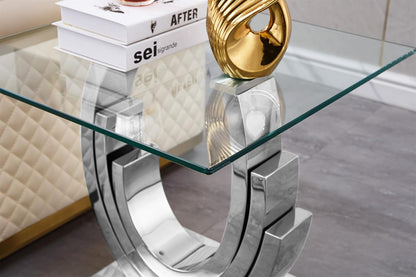 SSLine 1 Piece Living Room End Table Luxury Glass Side Table, Modern Silver End Table with Ring-Shape Stainless Steel Pedestal Base for Living Room Bedroom Office(1 End Table)