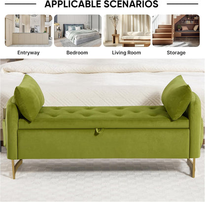 48" End of Bed Bench, Modern Storage Benches with Button-Tufted, Velvet Upholstered Storage Ottoman Bench for Foot of Bed with Arms, Gold Legs Window and Entryway, Olive Green