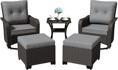 Gotland Outdoor Swivel Chairs Set of 2, 5 Pieces Patio Furniture Set with Ottomans Rattan Coffee Table Thick Cushion, Outdoor Swivel Rocker Wicker Patio Bistro Set for Balcony Porch, Grey