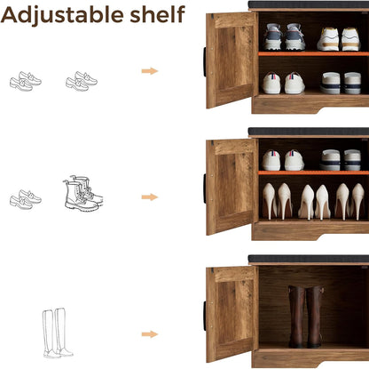 HOMSHO Farmhouse Shoe Storage Bench with 4 Barn Doors & Padded Seat Cushion | 47.2" Wide Entryway Bench with Adjustable Shelves & Hidden Storage, Rustic Walnut