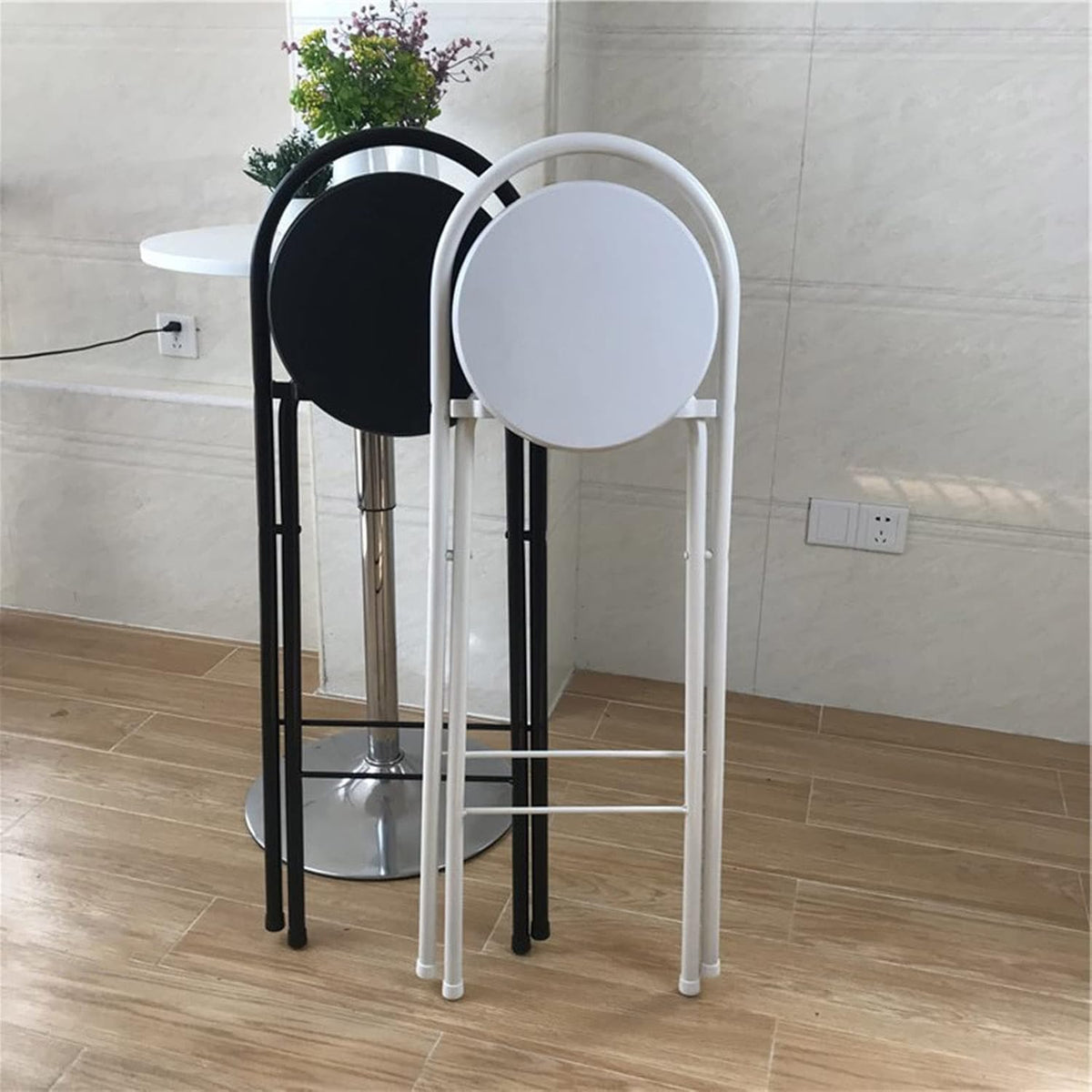 Modern Breakfast Bar Stools Foldable Stool Wooden Round Seat Folding Stool with Back Footrest Folding Bar Stool Seat Height 26in/28in/30in for Dining Room/Kitchen/Balcony/Living Room