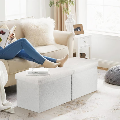 Storage Ottoman Bench, 34" Teddy Velvet Folding Foot Rest, White | Large Ottoman with Storage, Thicker Foam Padded Seat, 34 x 13 x 13in, Livingroom, Dorm, Bedroom, Easy to install, 86L