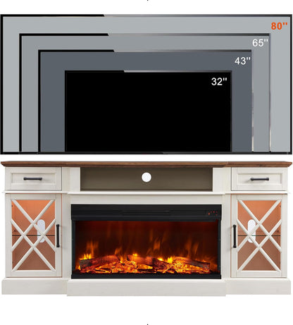 OKD Farmhouse TV Stand with Fireplace, 70'' Entertainment Center Stand with 36" 3-Sided Glass Electric Fireplace for TVs Up to 80 in, with 2 Drawers & 2 Storage Cabinet for Living Room, Antique White | with Fireplace