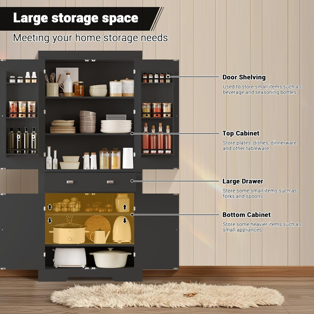 72" Kitchen Pantry Storage Cabinet, Utility Freestanding Food Pantry with 2 Drawer & 6 Door Shelves, Modern Wood Tall Cupboard with 4 Adjustable Shelves for Dining Room, Living Room, Kitchen,Black
