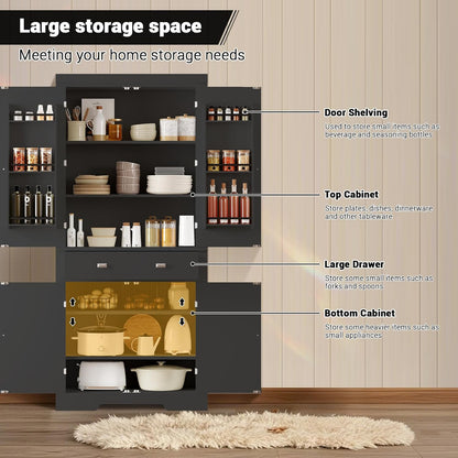 72" Kitchen Pantry Cabinet, Kitchen Pantry with 6 Door Shelves, 2 Cabinets and 1 Drawer, Tall Storage Cabinet for Living Room, Dining Room, Black