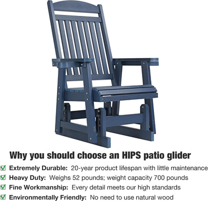 Poly Lumber Patio Glider for One Person, with Cup Holders, High Backrest and Deep Contoured Seat, HIPS Material, All-Weather Resistant, Heavy Duty 700 LBS (Navy Blue)