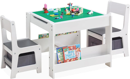 GABHX Kids Table and Chair Set, 3 in 1 Wooden Activity Table with Bookshelves and Storage Drawer, 2 in 1 Detachable Tabletop Construction Play Table Set for Drawing, Reading
