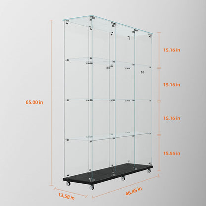 4 Tiers Glass Display Cabinet Extra Large with Bluetooth LED Light Strip, 2 Doors Floor Standing Curio Cabinet with Universal Wheel for Home, Black Glass Bookshelf for Collections, Clear Top