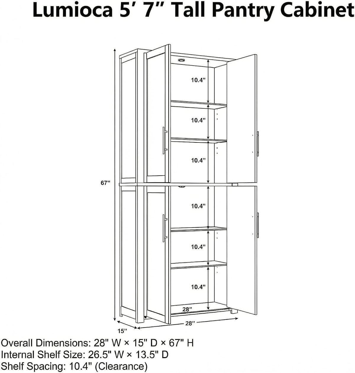 67" Kitchen Pantry Cabinet, 28"W Storage Cabinet for Kitchen, Living Room | 67" x 28" x 15" size, 4 adjustable shelves, engineered wood, anti-tip compatible, Shaker doors, White