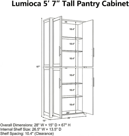 67" Kitchen Pantry Cabinet, 28"W Storage Cabinet for Kitchen, Living Room | 67" x 28" x 15" size, 4 adjustable shelves, engineered wood, anti-tip compatible, Shaker doors, White