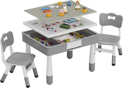 4-in-1 Kids Activity Table Set with 2 Adjustable Toddler Chairs, Double-Sided Reversible Building Block & Graffiti Drawing Tabletop, for Reading, Drawing, Dining & Block Play, Gift for Kids