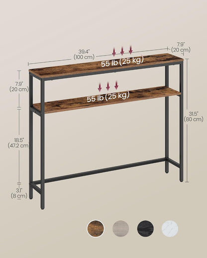 VASAGLE 39.4 Inches Console Table, 2-Tier Narrow Sofa Table with 2 Shelves | Modern Entry Table, 7.9 x 39.4 x 31.5, for Living Room, Bedroom, Rustic Brown and Ink Black BARNET Collection ULNT131K01V1