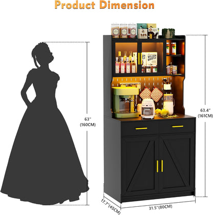 Gurexl 64" Farmhouse Kitchen Pantry with Auto Sensor LED,Storage Cabinets with 2 Outlets for Microwave & USB-C Ports,Hutch Cabinet with Pegboard,2 Cabinet,2 Drawers,1 Large Countertop