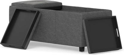 SIMPLIHOME Avalon 42" Wide Linen Look Fabric Storage Ottoman in Slate Grey