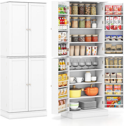 Giantex Kitchen Pantry Cabinet, 65.5" Tall Kitchen Hutch w/8-Tier Storage Cabinet, 16-Tier Door Shelves & Adjustable Shelves, 4-Door Freestanding Buffet Sideboard for Dining Room, Living Room, White